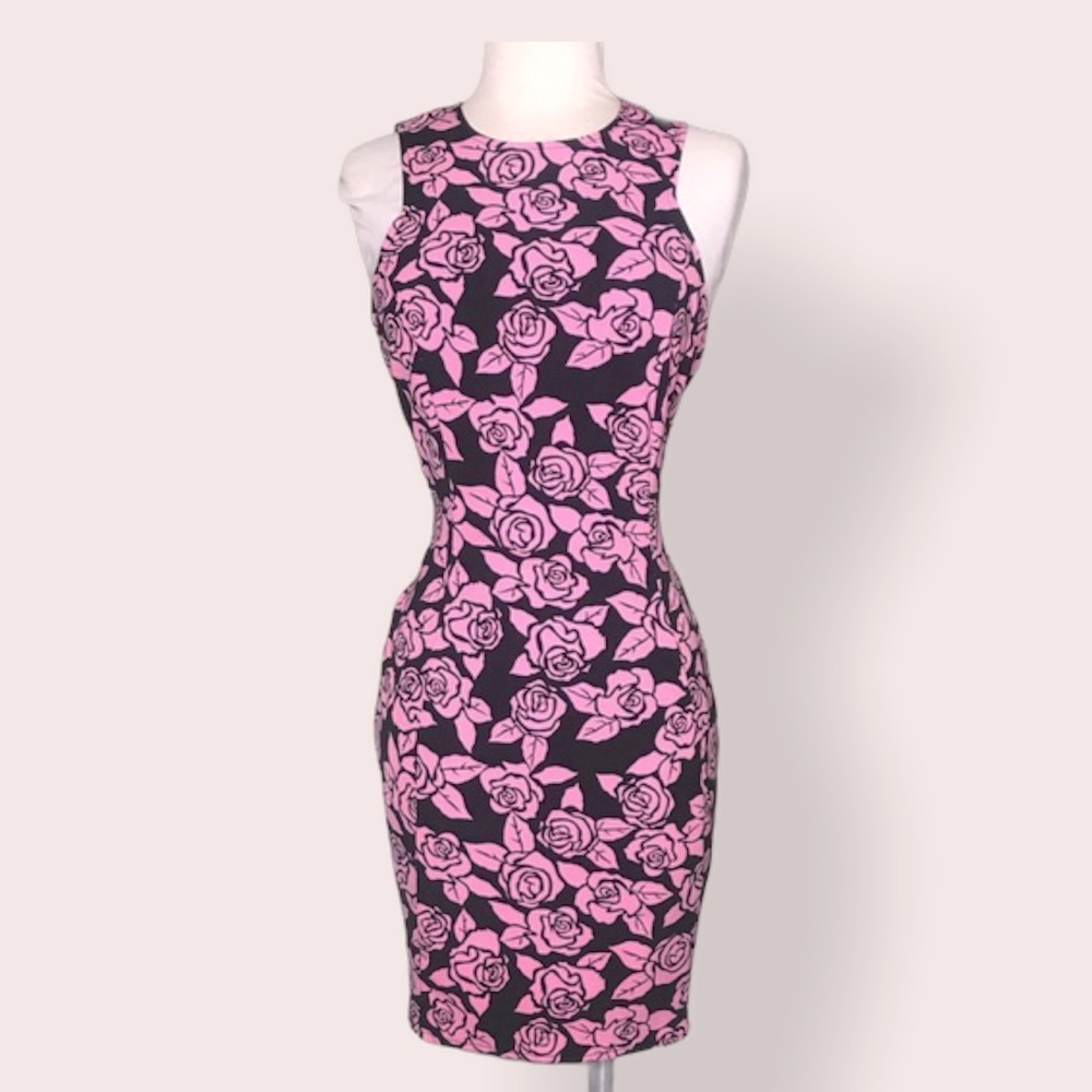NWT H&M Black and Pink Rose Bodycon Dress